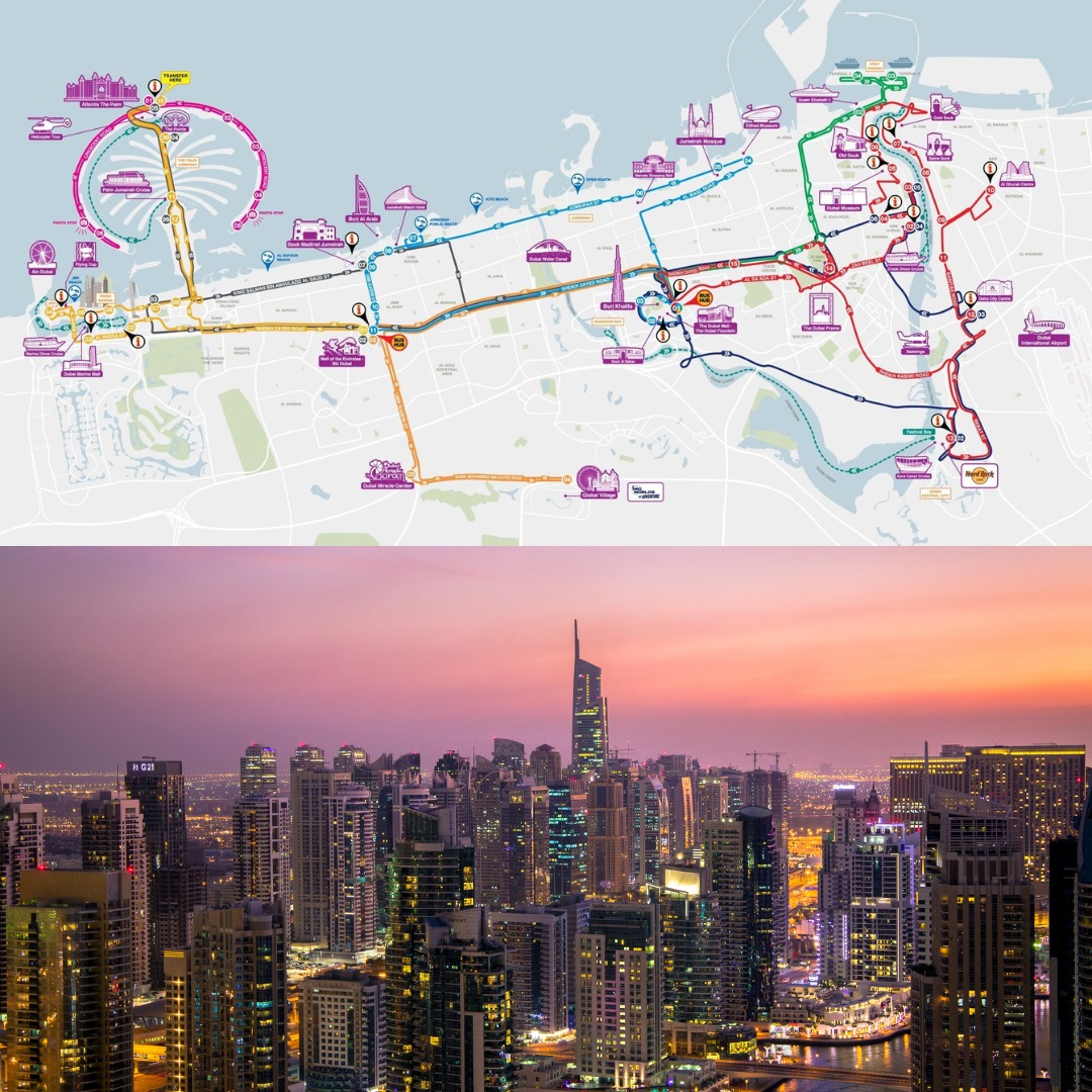 Dubai city skyline at sunset with illuminated buildings and tourist map overlay above