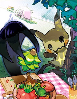 Anime-style Pokémon characters at a picnic with food on a checkered blanket