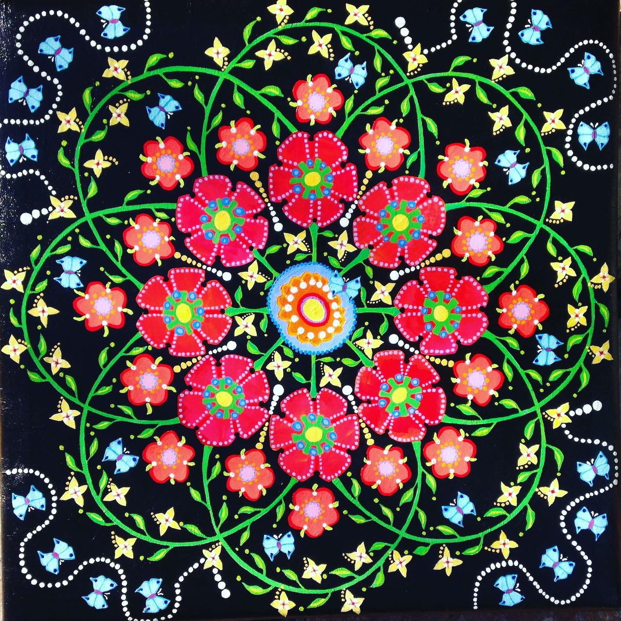 Colorful floral mandala with pink flowers, green foliage, and blue butterflies arranged in symmetrical circular pattern