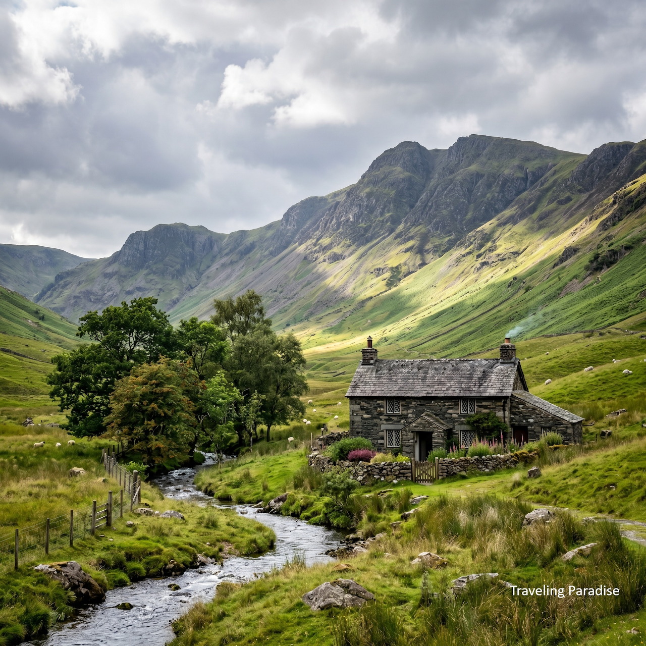 Stone cottage in green mountain valley with stream and dramatic peaks under cloudy sky