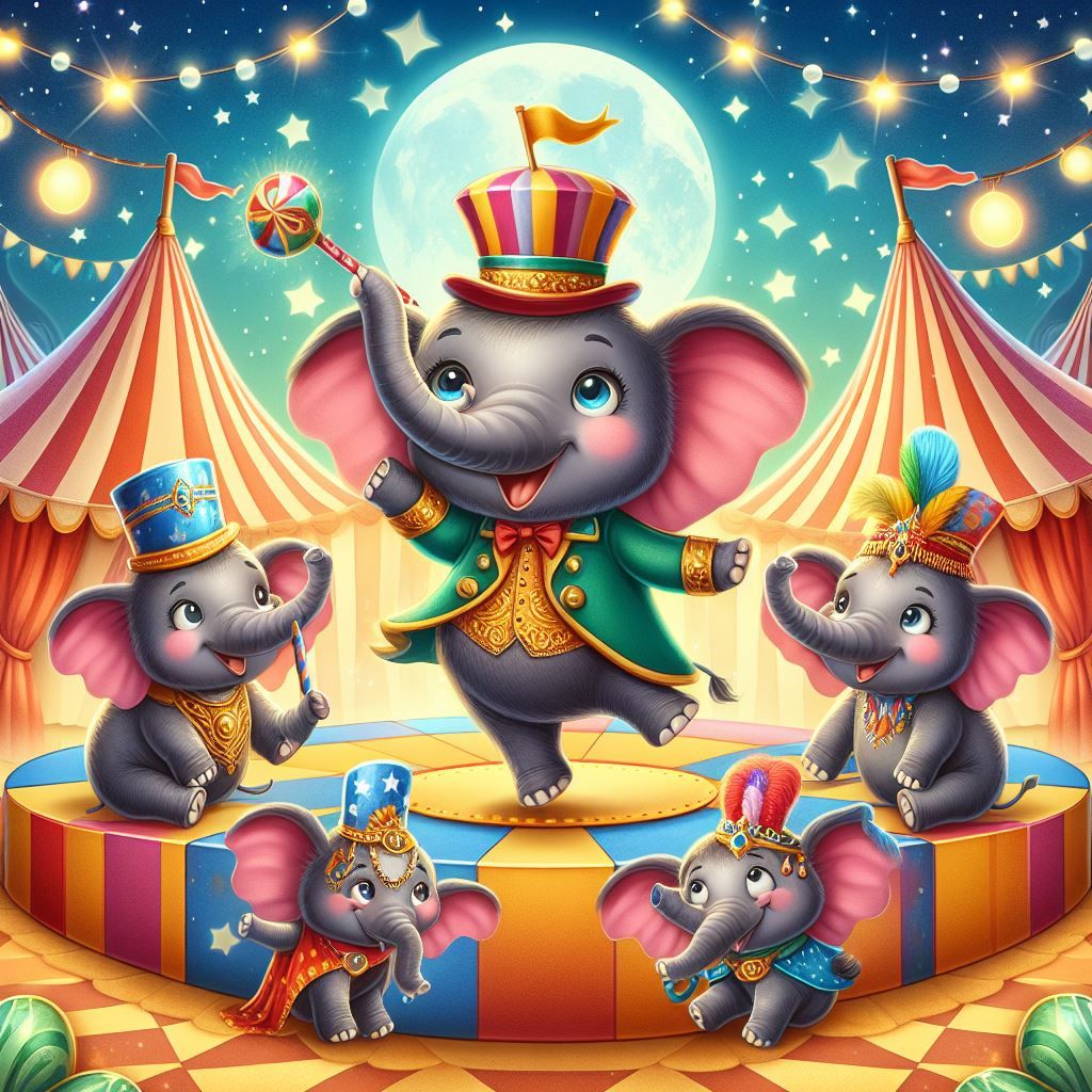 Cute cartoon elephants performing in a colorful circus ring with tents, lights, and stars