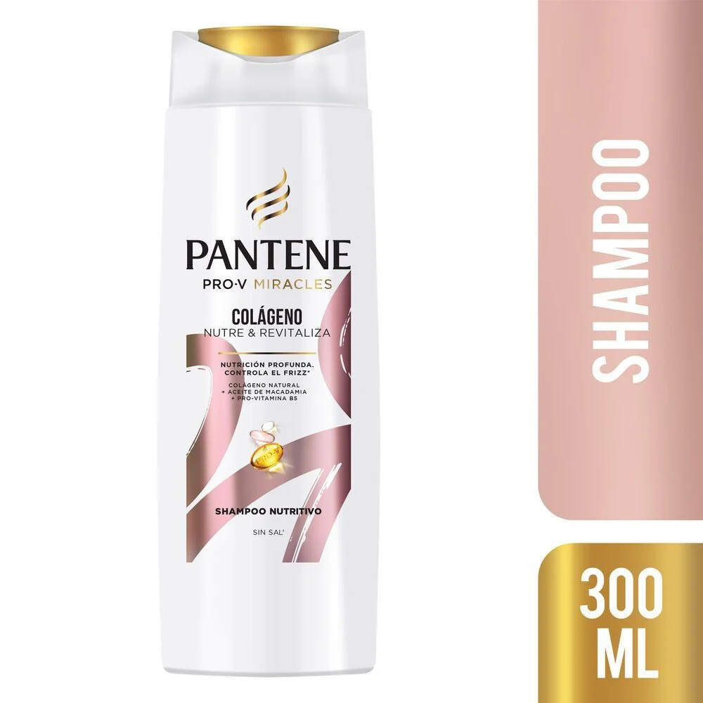 Pantene collagen shampoo bottle with gold cap on pink background