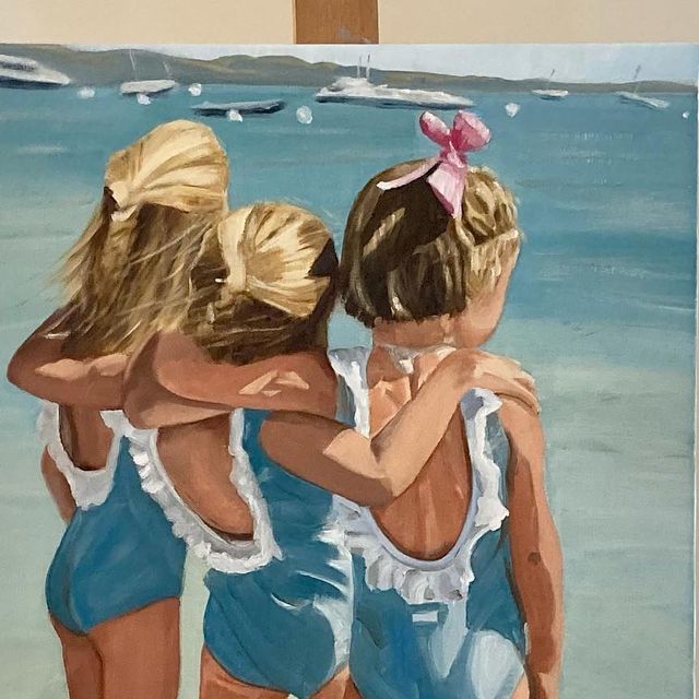 Painting of three girls in blue swimsuits standing together at the beach