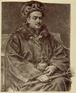 Black and white historical drawing of King Kazimierz IV in royalbes holding a scepter and orb
