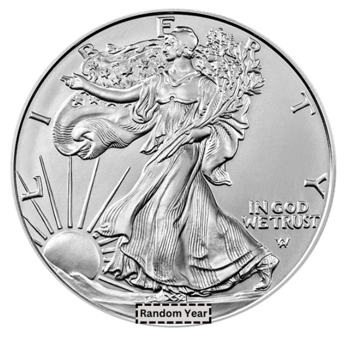 Close-up of a silver Walking Liberty coin with Liberty, sun rays, and engraved text
