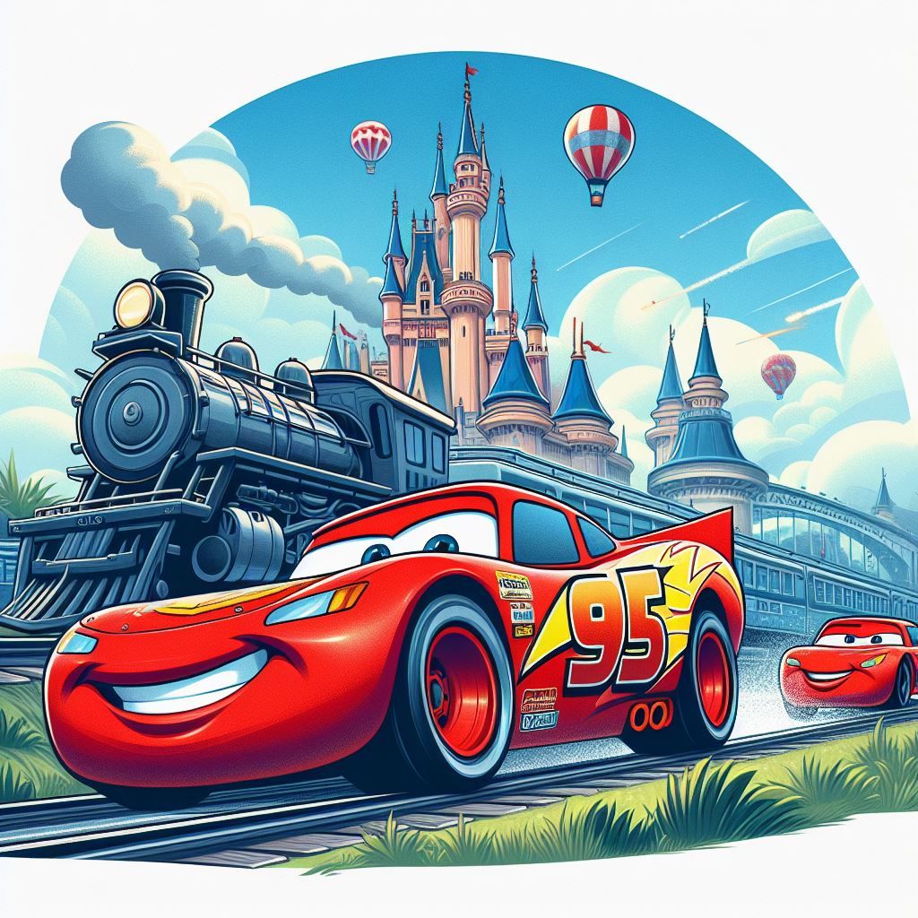 Red race car with number 95 in front of pink castle and blue steam train under cloudy sky with hot air balloons
