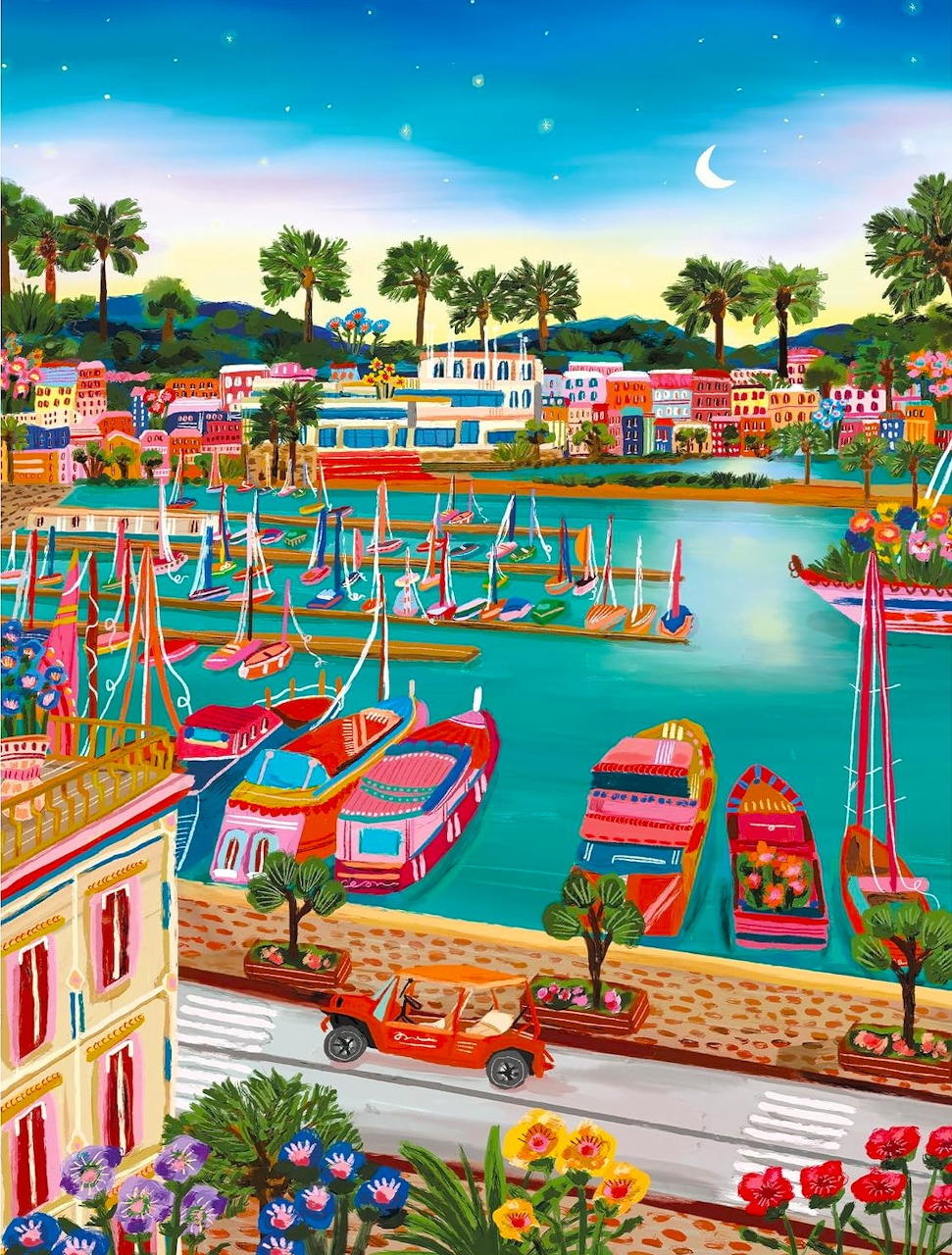 Colorful harbor painting with boats, palm trees, flowers, and a crescent moon in Cannes