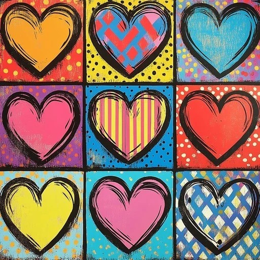 Nine colorful hearts arranged in a 3x3 grid with various patterns including stripes, polka dots, and checks on bright backgrounds