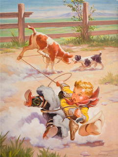 Two children sitting and fishing while two dogs play together near a wooden fence in a painted rural scene