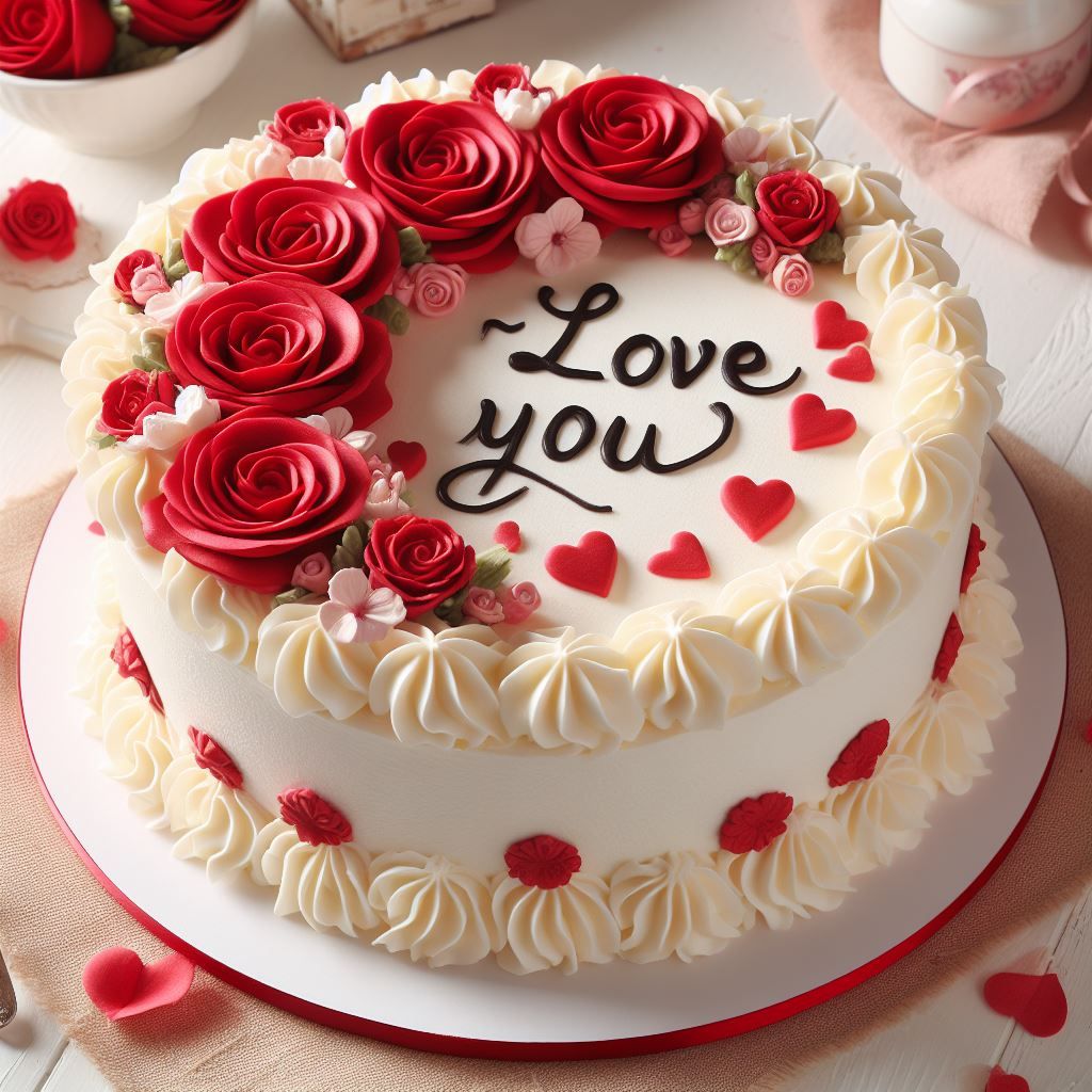 Round white cake with red rose decorations and 'Love you' written in chocolate on top