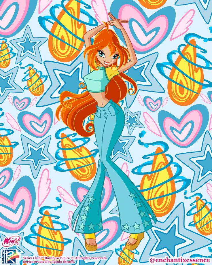 Animated red-haired fairy girl in blue outfit with hearts and stars background
