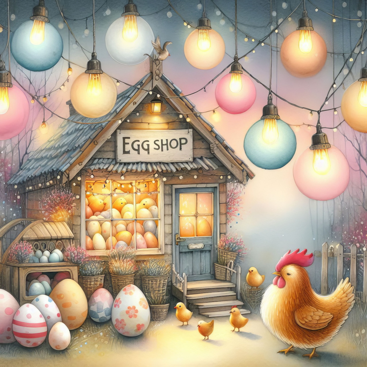 Illustrated cottage egg shop with hen, chicks, painted eggs, and hanging ornaments