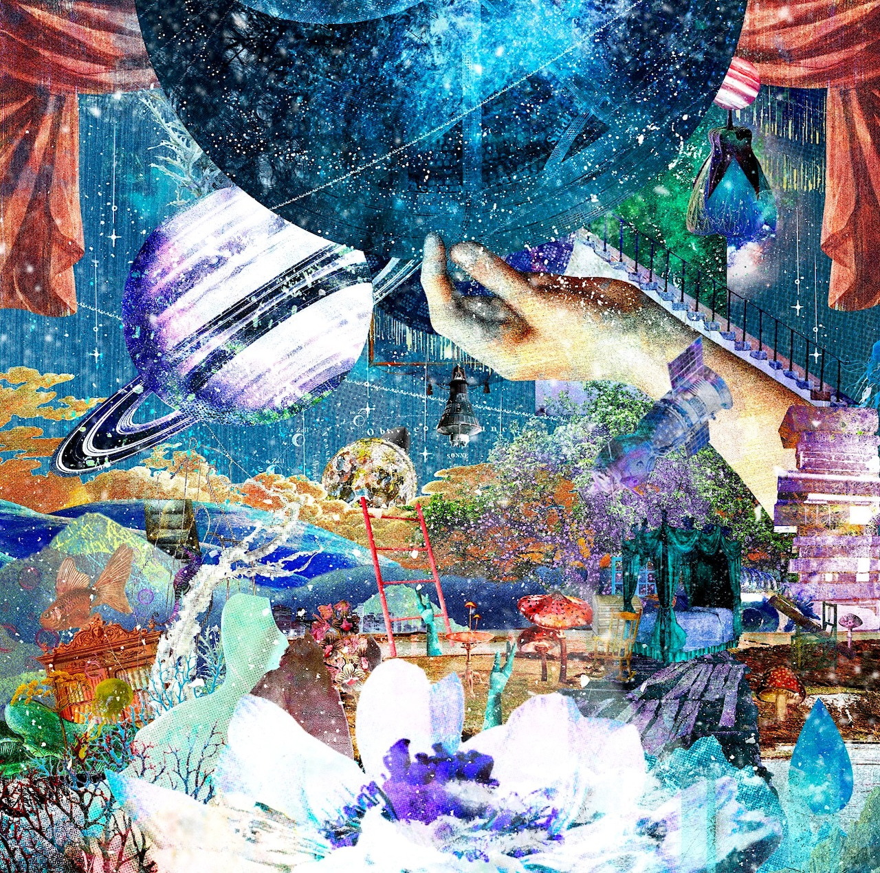 Surreal collage featuring galaxy, snow globes, fish, and winter landscape elements layered together