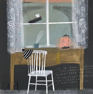 Folk art painting showing white chair, desk, and window with lace curtains overlooking water with small black boat