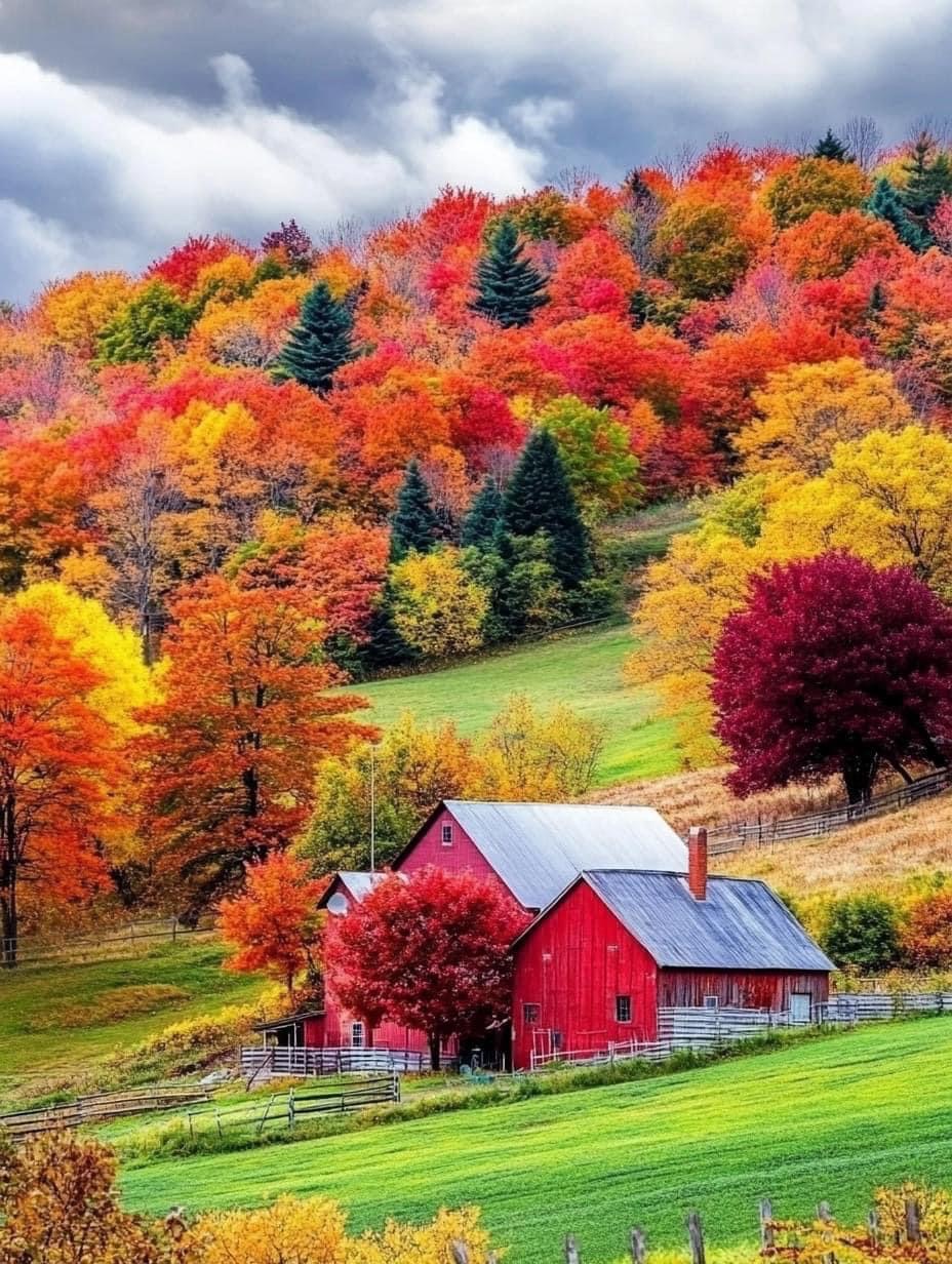 Red barn on a green hill surrounded by colorful autumn trees with orange, red, and yellow foliage