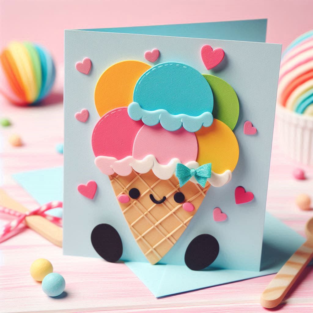 Handmade paper card with kawaii ice cream cone character decorated with colorful hearts and rainbow lollipops
