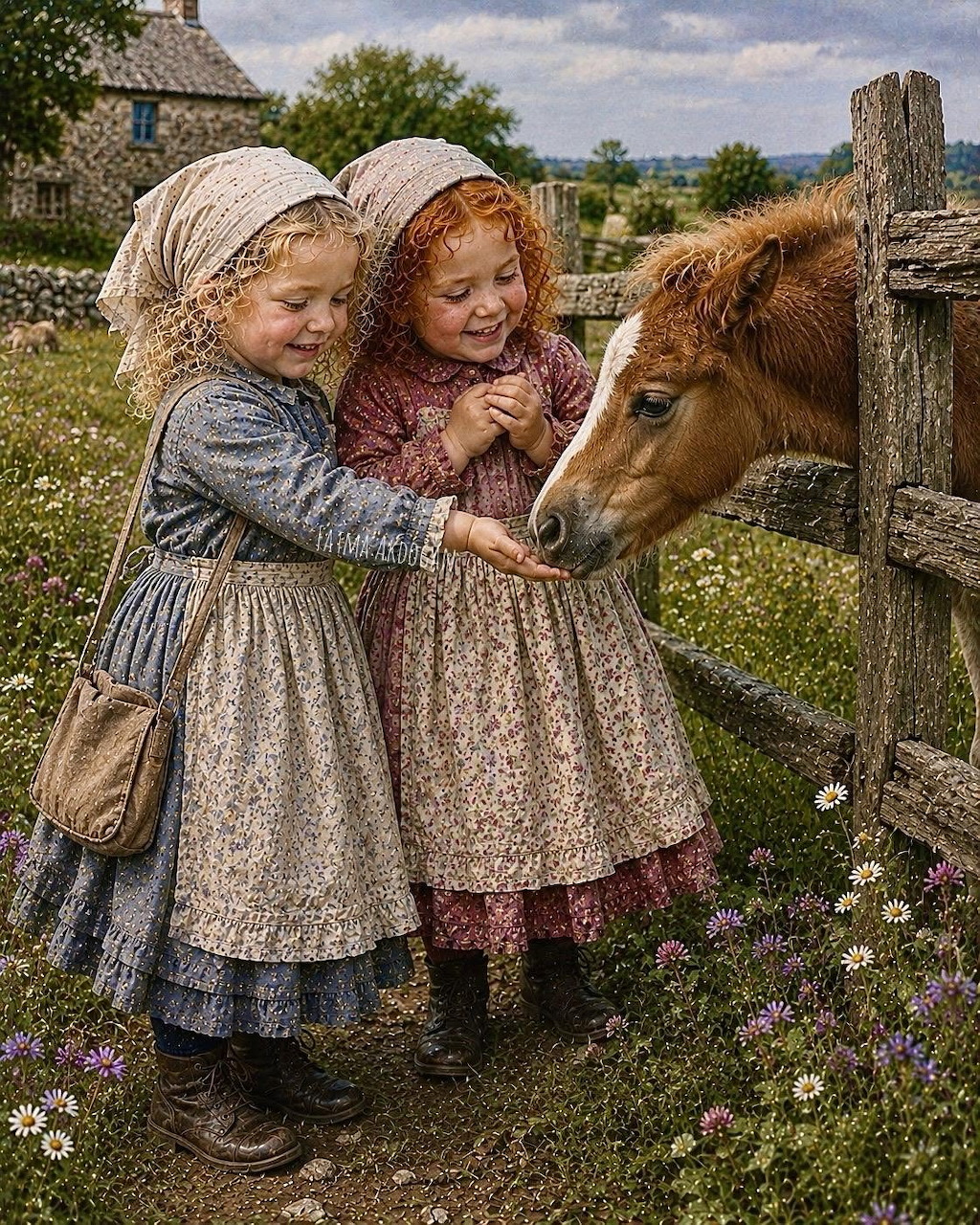 Two girls in traditional dresses petting a brown pony in rural countryside