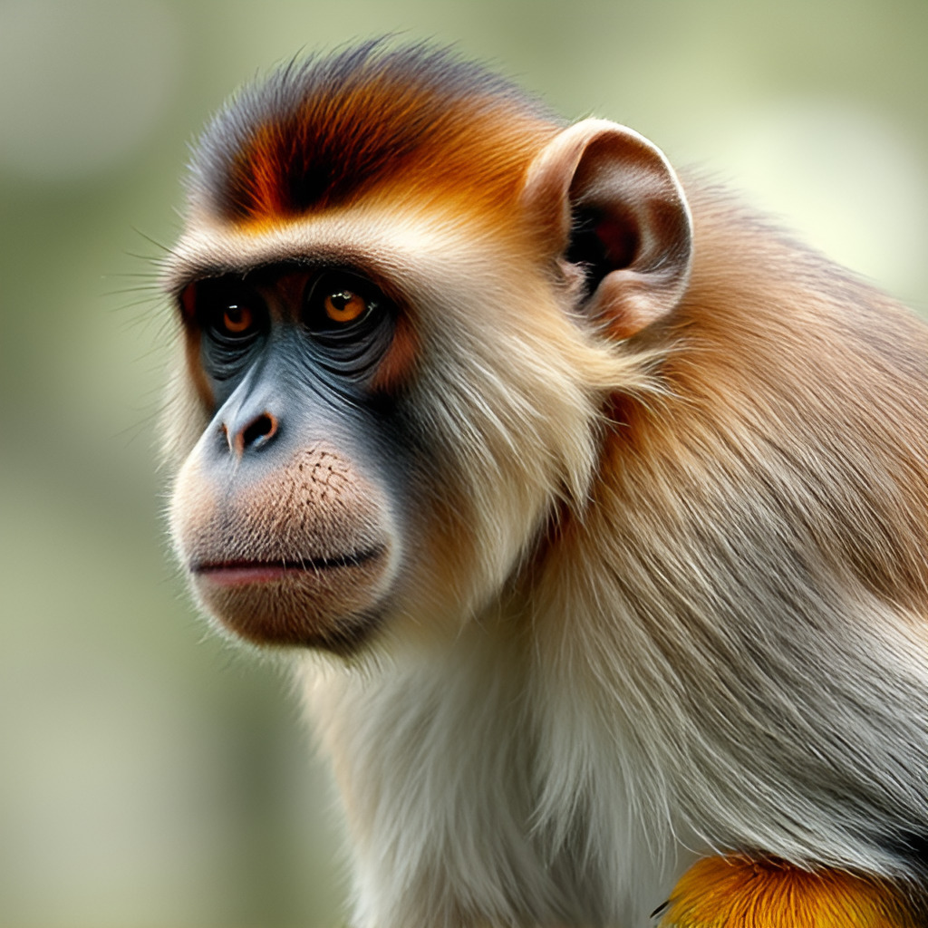Close-up of a monkey with reddish-brown fur and a pale muzzle against a blurred background