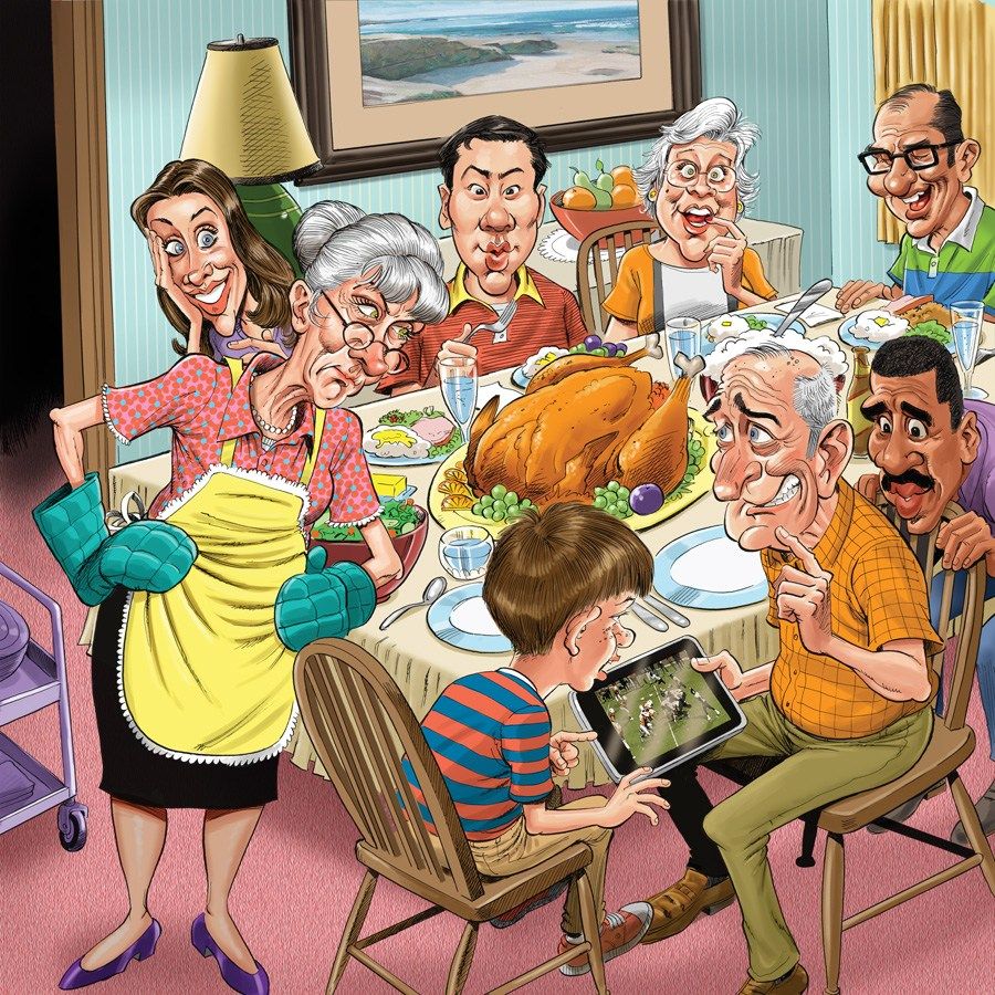 Cartoon family gathered around table with roasted turkey, smiling and celebrating together in dining room