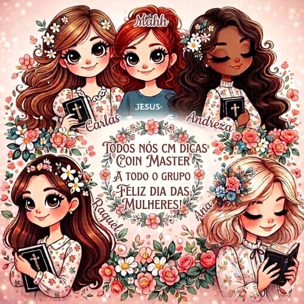 Cartoon illustration of five women with flowers surrounding a wreath with Portuguese text