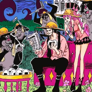 Anime illustration of ONE PIECE characters including Luffy and crew members in colorful outfits