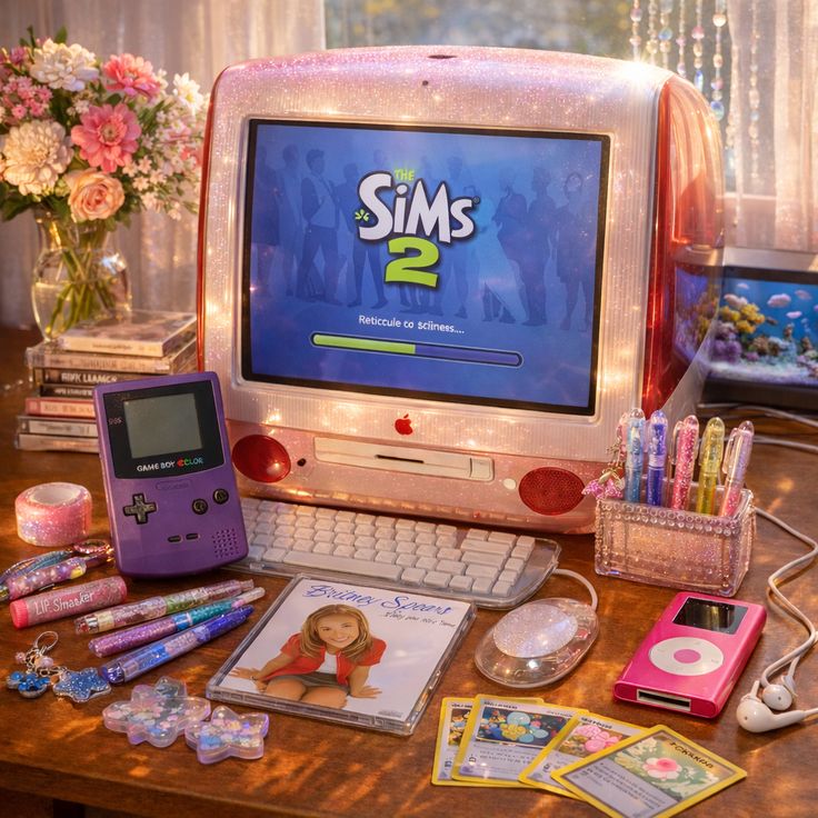 Colorful translucent iMac on desk displaying The Sims game screen surrounded by retro gaming accessories
