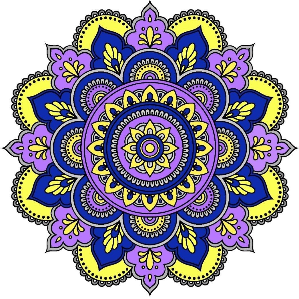 Circular mandala with purple, yellow and blue geometric floral patterns in symmetrical design