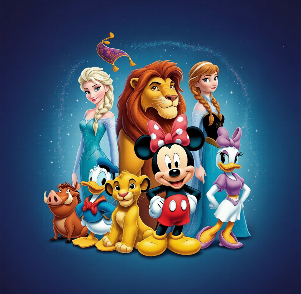 Group of Disney animated characters including Elsa, Simba, Mickey Mouse, and Daisy Duck on blue background