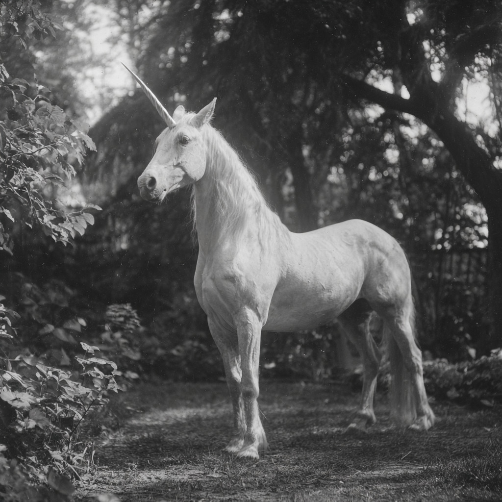 Black-and-white photo of a white unicorn standing in a shaded garden with trees