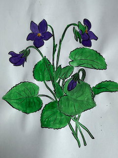 Hand-drawn illustration of purple violet flowers with green leaves on white paper