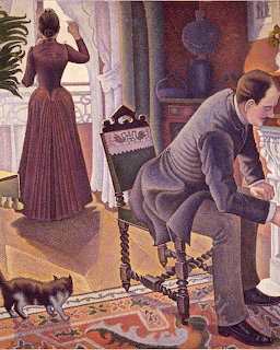 Pointilist painting of a man and woman in a Victorian interior with a cat on a patterned rug