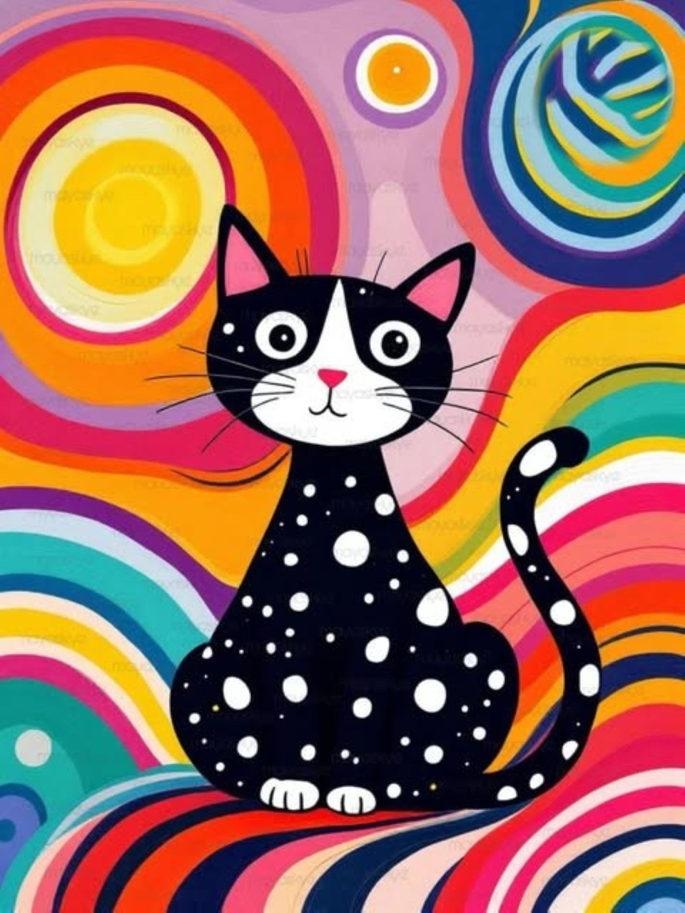 Black cat with white polka dots surrounded by colorful rainbow circles on abstract background