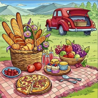 Illustrated picnic scene with basket of bread, pizza, fruit bowl, cupcakes on a checkered blanket and red car in background