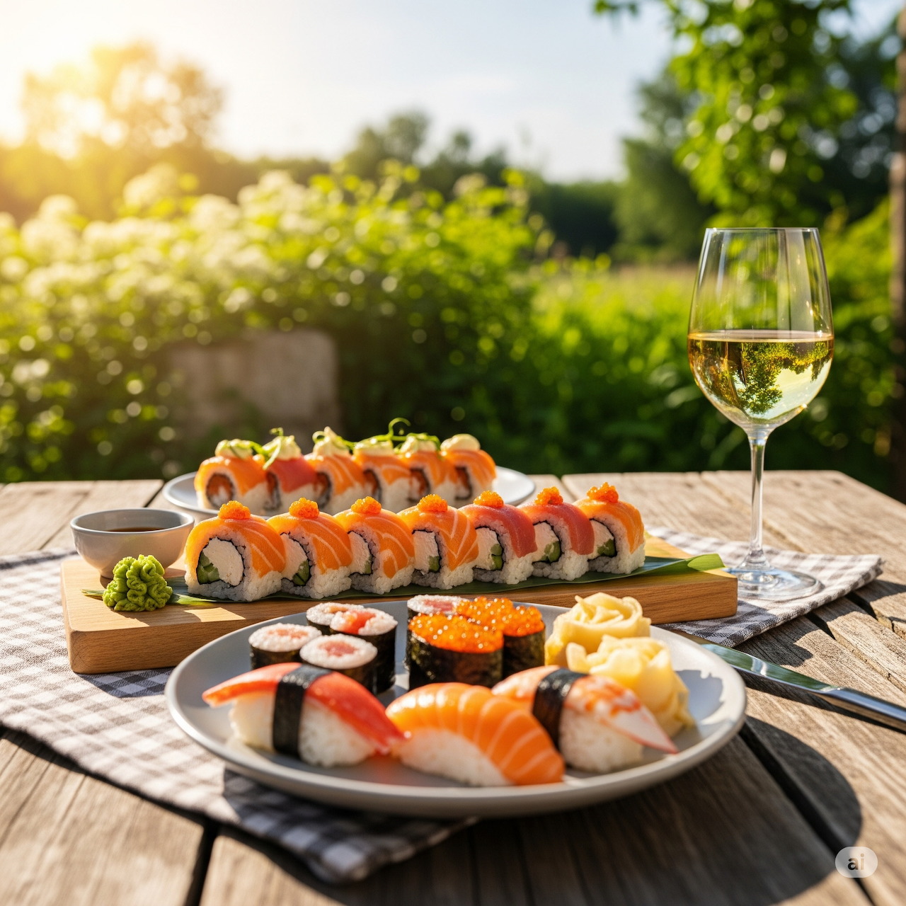 Sushi platter with rolls and nigiri on outdoor wooden table, white wine glass, mountain view