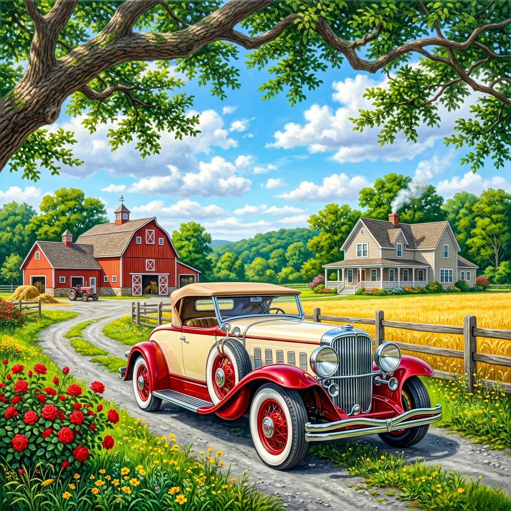 Vintage cream convertible with red wheels parked on rural farm driveway with barn and house