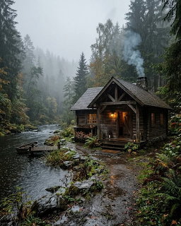 Forest Cabin by River
