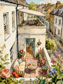 Illustration of a flower-filled balcony terrace with chairs and a table above a narrow village street