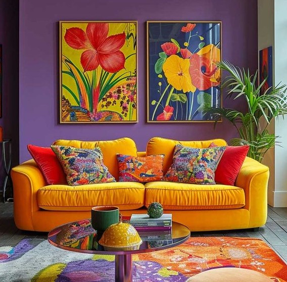 Bright living room with purple walls, orange sofa, and large floral paintings