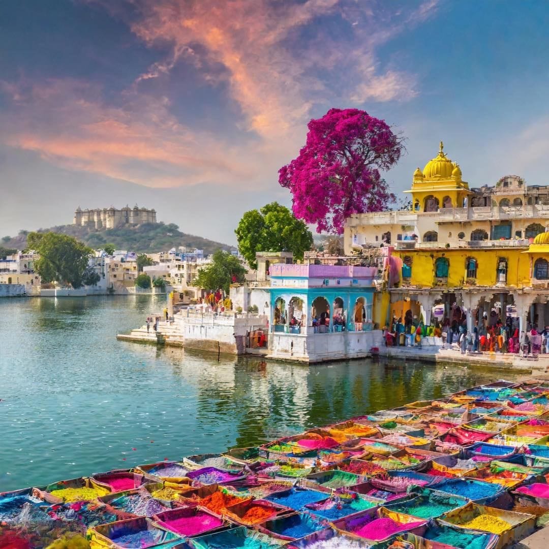 Trays of colorful powder by a lakeside temple and ornate buildings at sunset