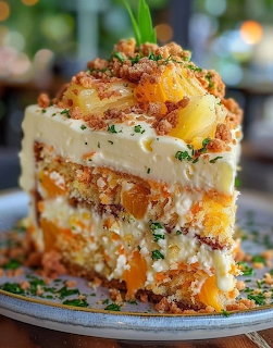 Close-up of a layered fruit and cream cake slice on a plate