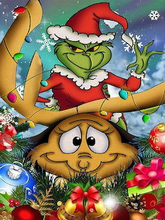 Grinch in Santa hat with Max dog below, Christmas ornaments and decorations around them