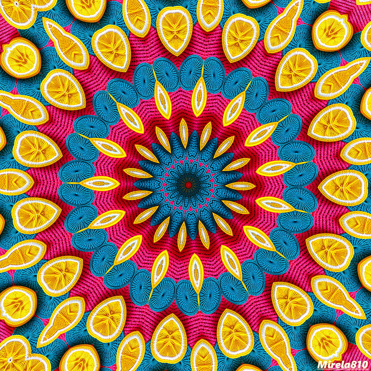 Colorful mandala with orange slices arranged in radial symmetry around geometric floral center with blue, red, and yellow petals