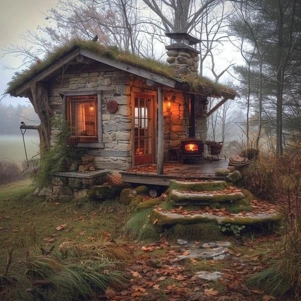 Small stone cottage with warm lights, mossy roof, and stone steps in a misty forest