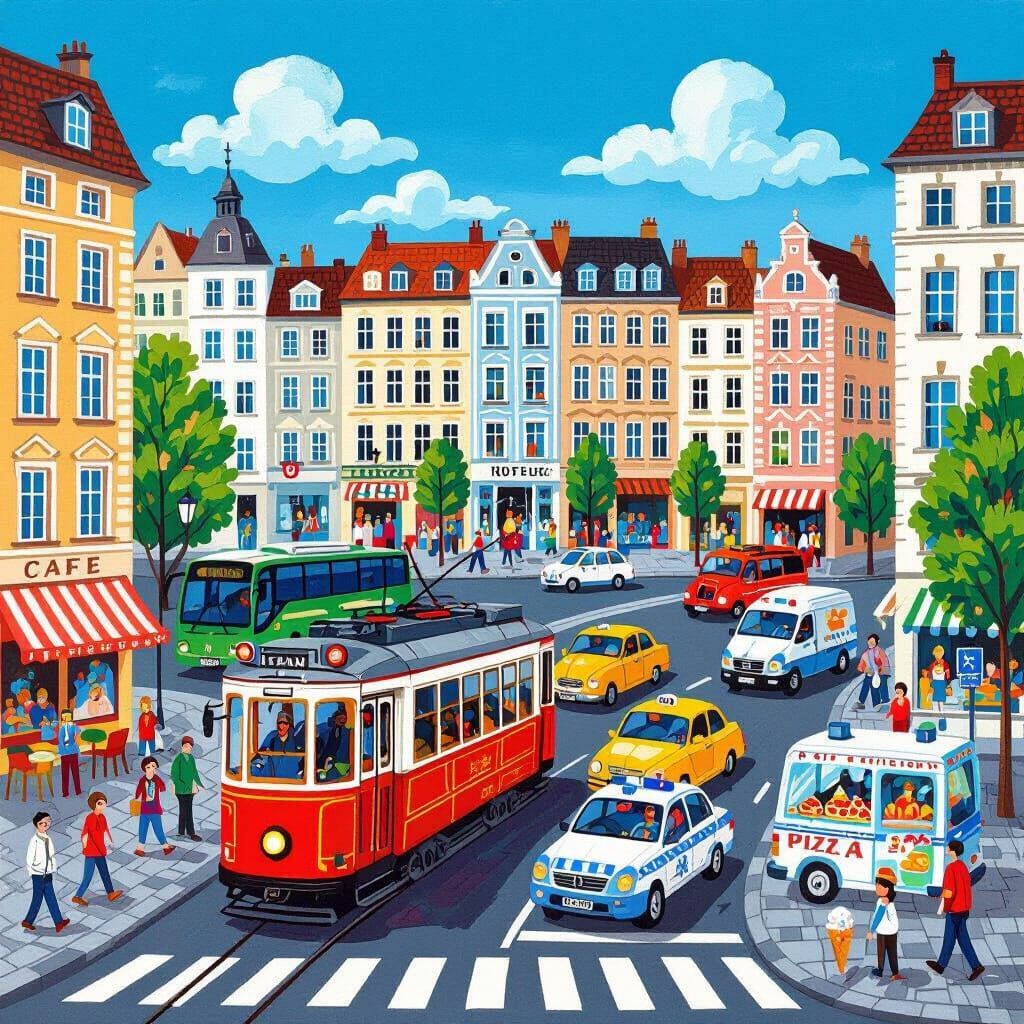 Illustrated city street with a red tram, cars, crosswalks, and colorful buildings