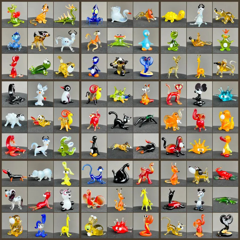 Grid collage of colorful glass animal figurines on a gray background