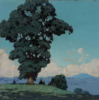 Painting of a large chestnut tree on a hill with blue sky, clouds, and distant mountains