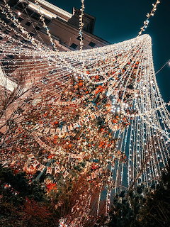 Decorated Christmas tree with strings of lights spreading outward at night in a city setting