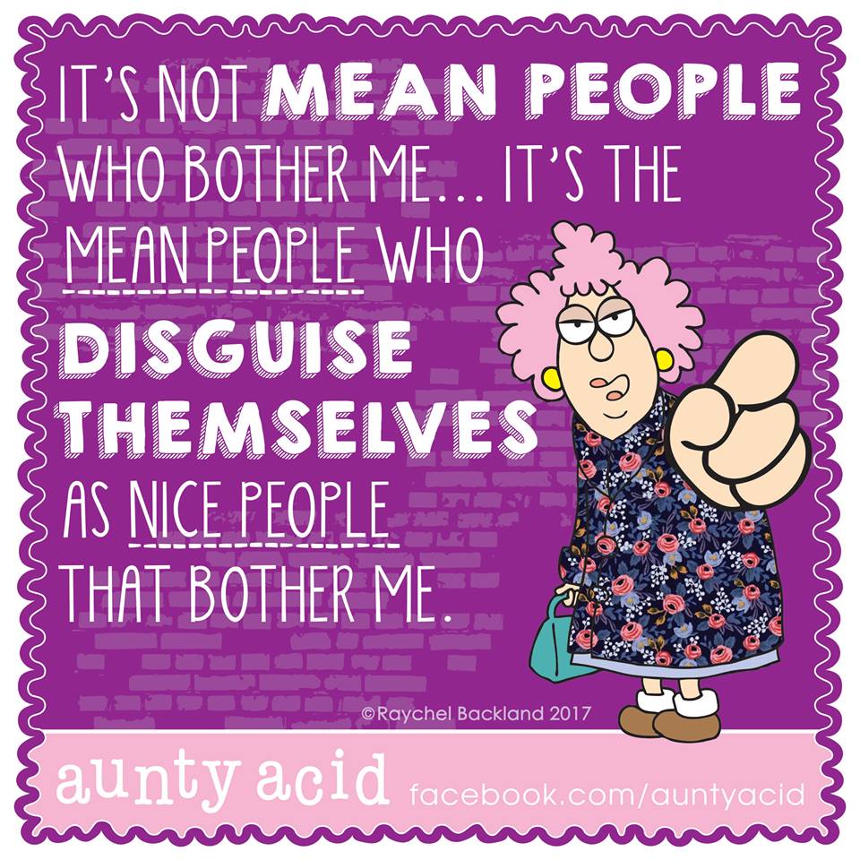 Cartoon of grumpy woman with quote about mean people disguising themselves as nice people on purple background