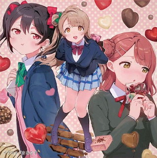 Three anime schoolgirls with chocolates and hearts on a pink background