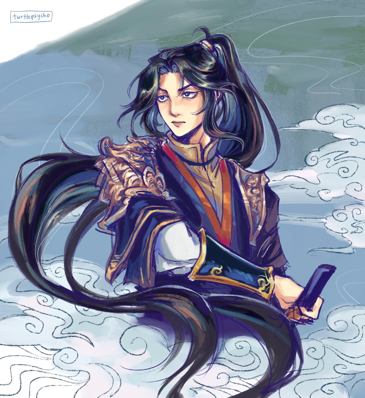 Anime character Mu Qing in purple robes with long black hair and decorative clouds